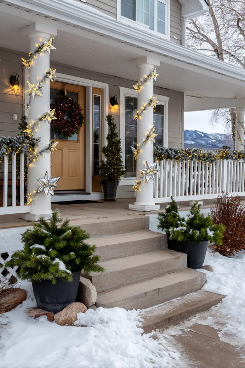star-shaped string lights draped around porch columns and railings 1