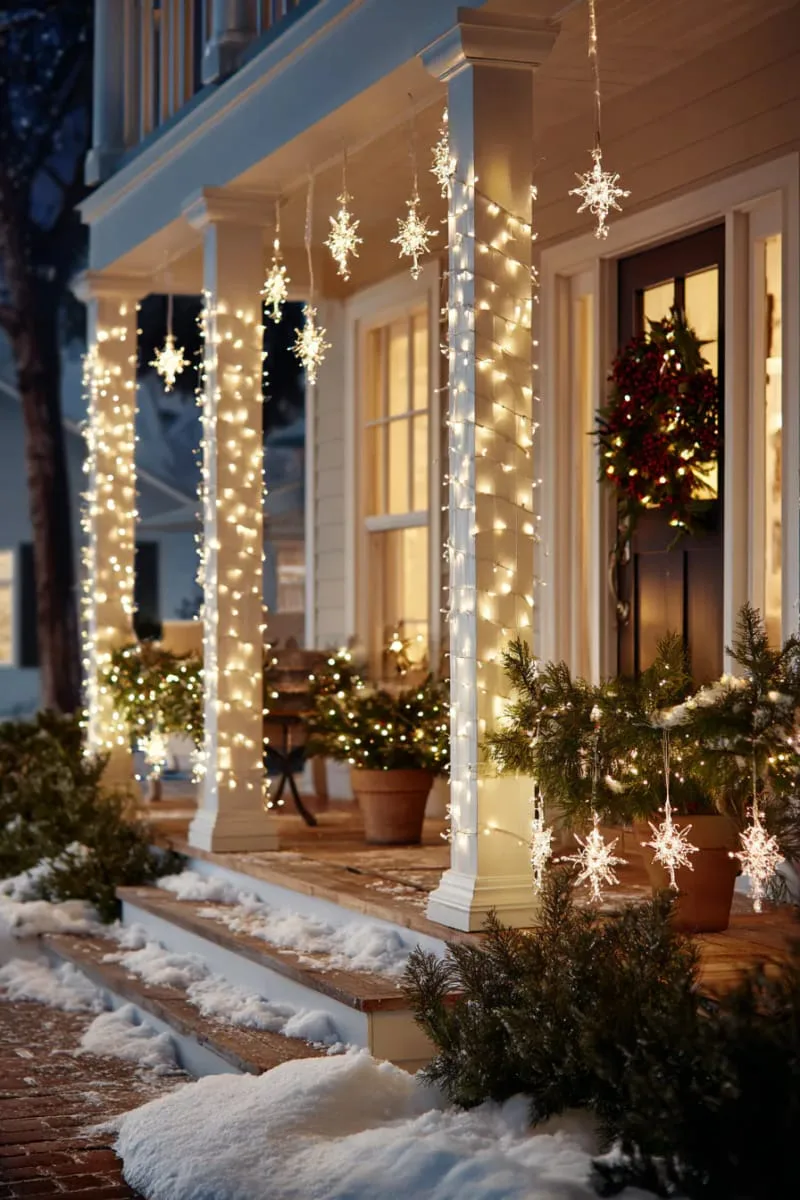 star-shaped string lights draped around porch columns and railings 1