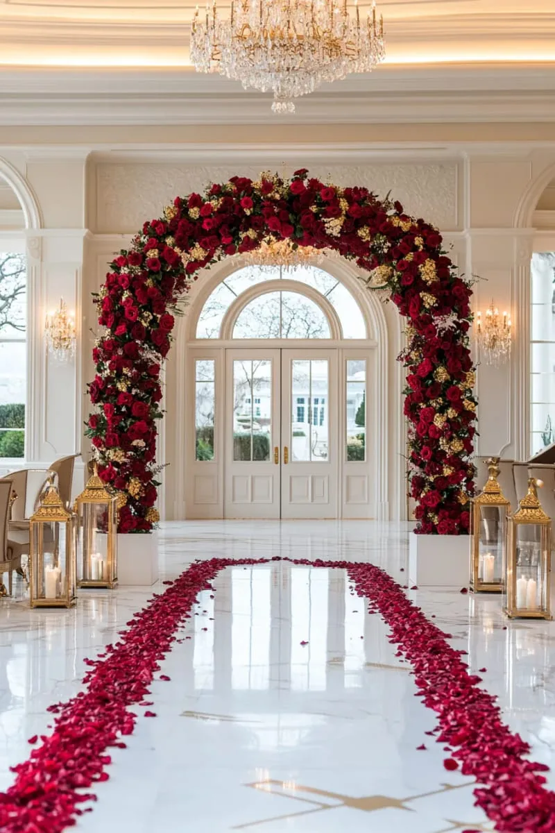 statement lighted archway of red roses and gold leaves at the main entrance 1 statement lighted archway of red roses and gold leaves at the main entrance 1