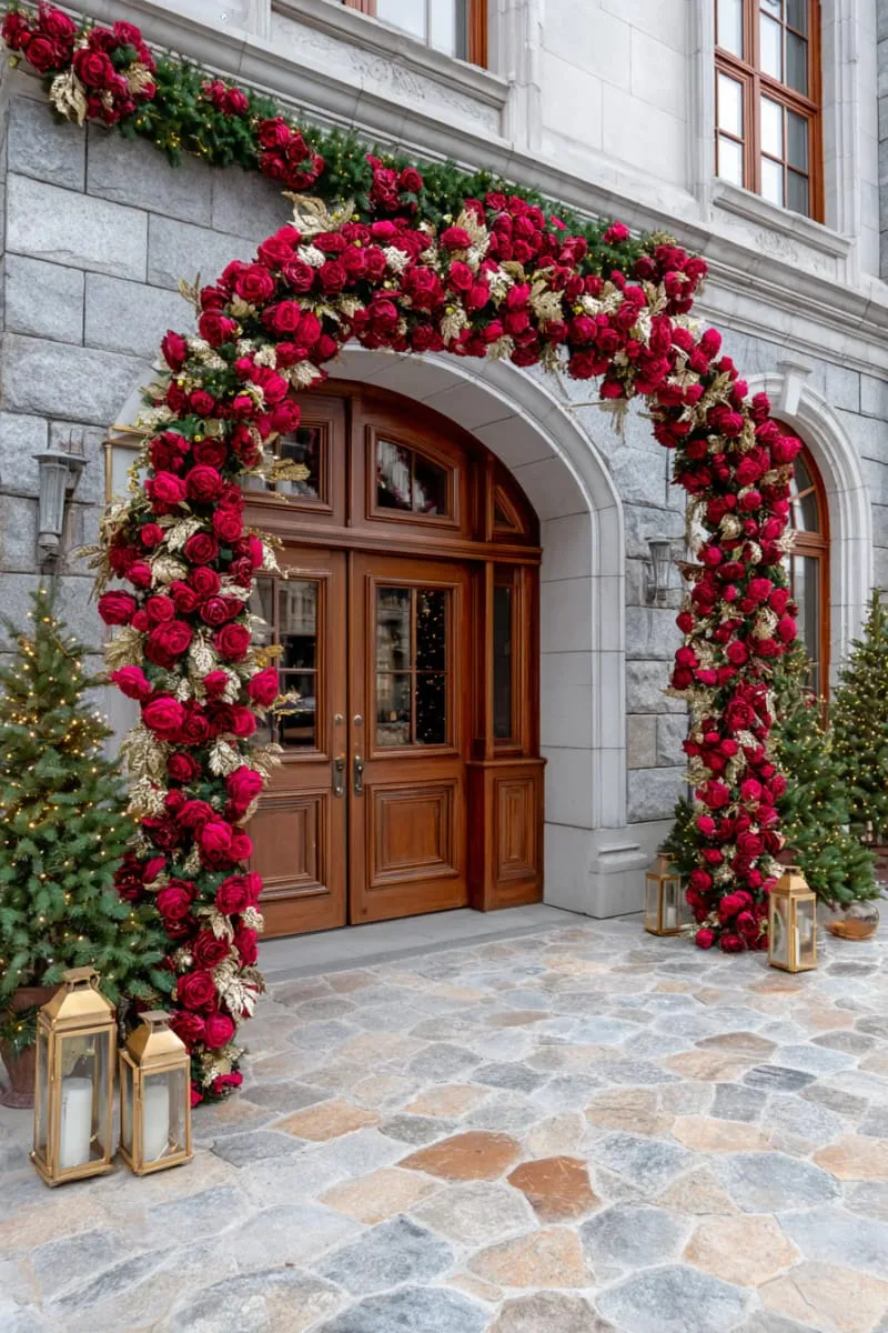 statement lighted archway of red roses and gold leaves at the main entrance 1 statement lighted archway of red roses and gold leaves at the main entrance 1