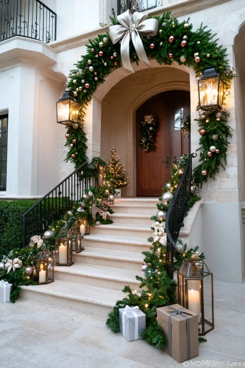 23 Exterior Christmas Decor Ideas Guests Will Remember All Season Long 96 statement oversized wreath with giant velvet bow and metallic ornaments above entry 1