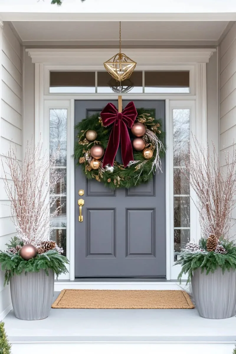 23 Exterior Christmas Decor Ideas Guests Will Remember All Season Long 97 statement oversized wreath with giant velvet bow and metallic ornaments above entry 1