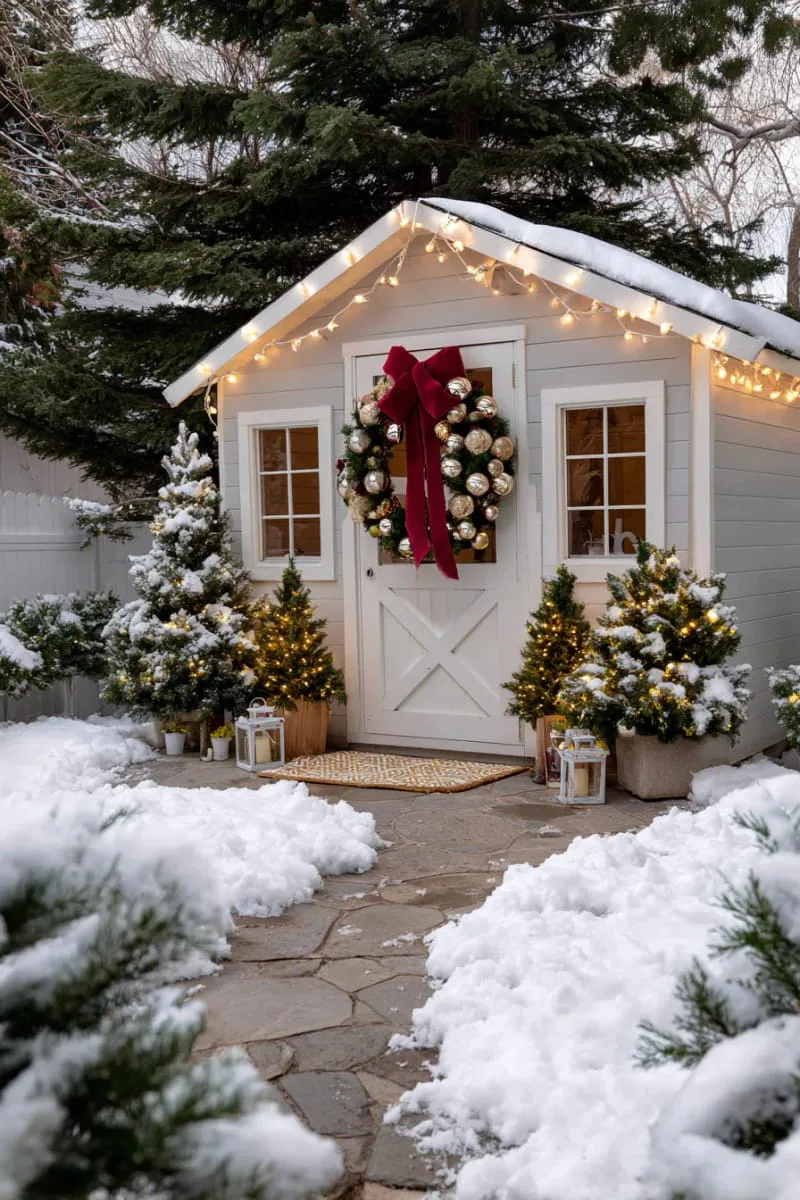 23 Exterior Christmas Decor Ideas Guests Will Remember All Season Long 98 statement oversized wreath with giant velvet bow and metallic ornaments above entry 1
