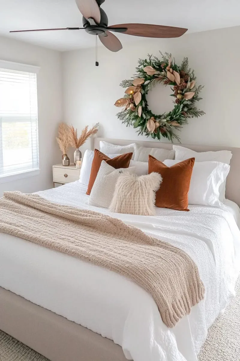 statement wreath above the bed for a festive apartment bedroom touch 1