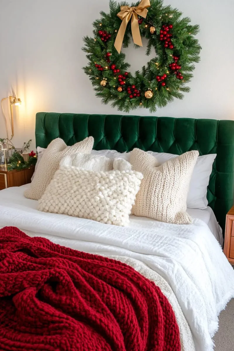 statement wreath above the bed for a festive apartment bedroom touch 1