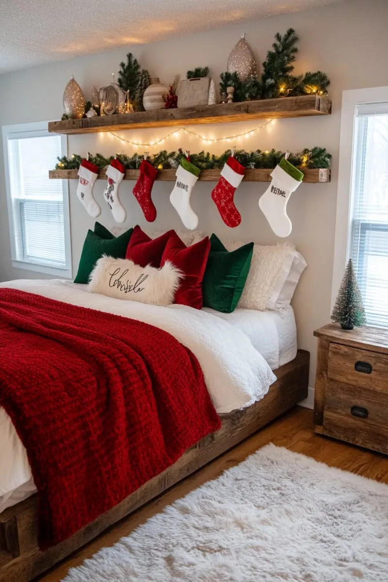 stockings hanging from floating shelves with mini pine garlands 1