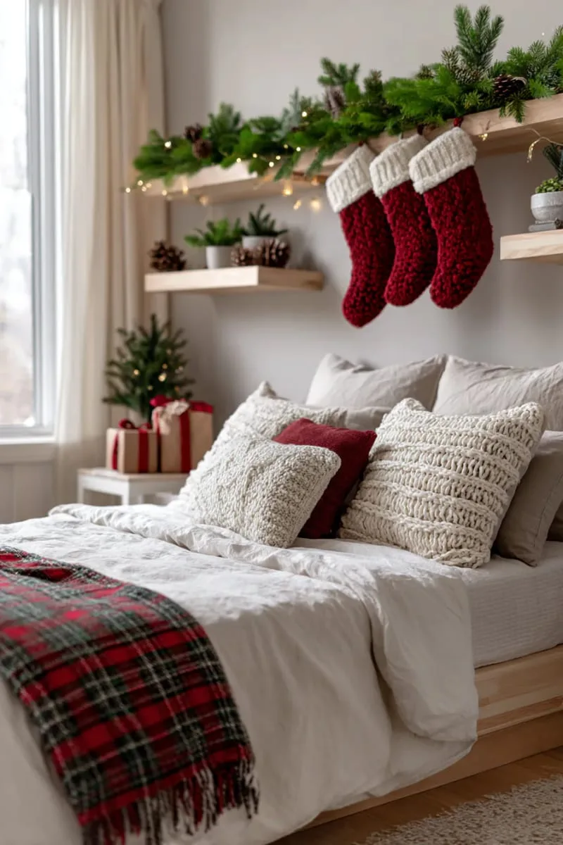 stockings hanging from floating shelves with mini pine garlands 1
