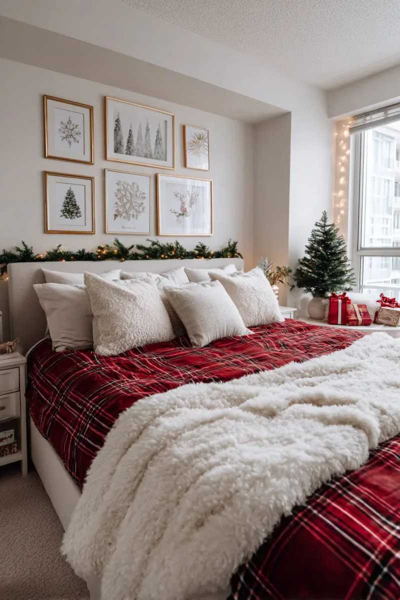 string lights outlining a gallery wall of festive prints 1