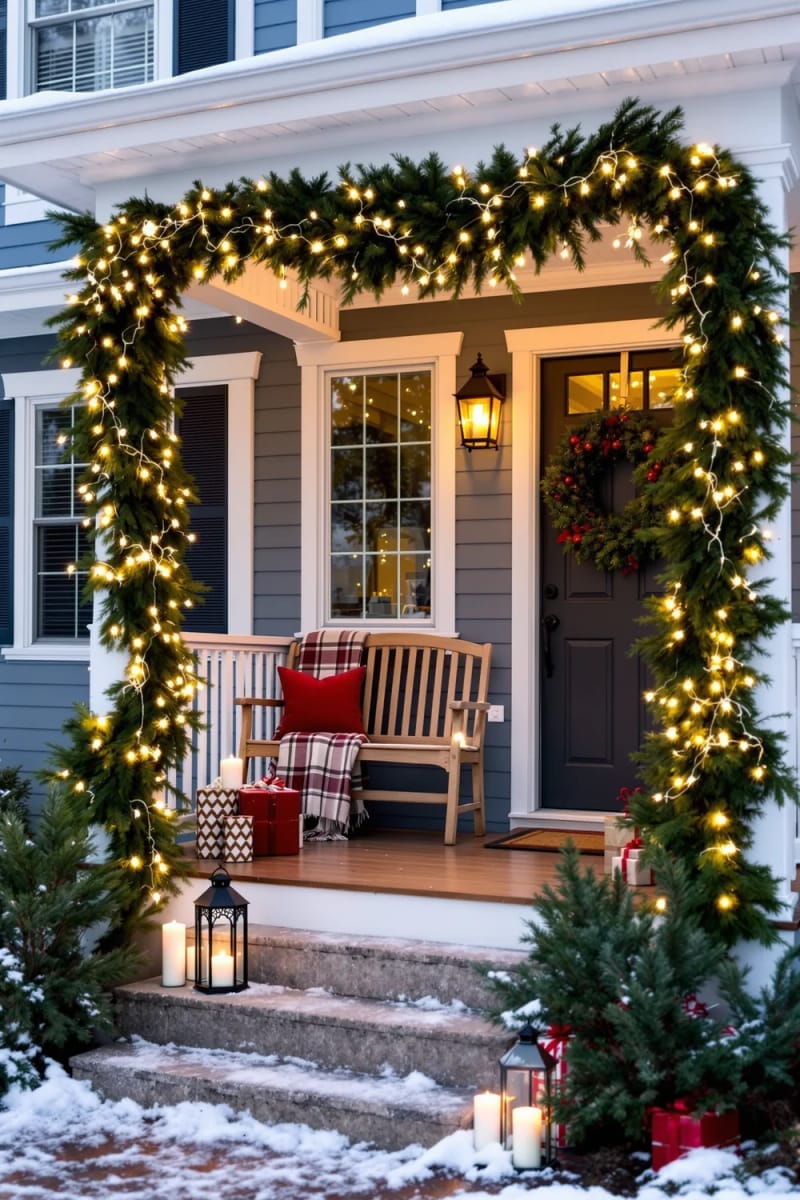 string lights woven through garland wrapped around porch posts and railing. 1
