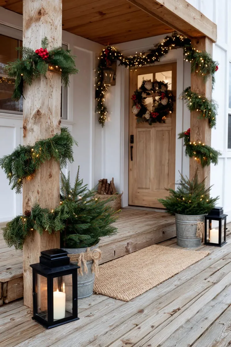 string lights woven through garland wrapped around porch posts and railing. 1