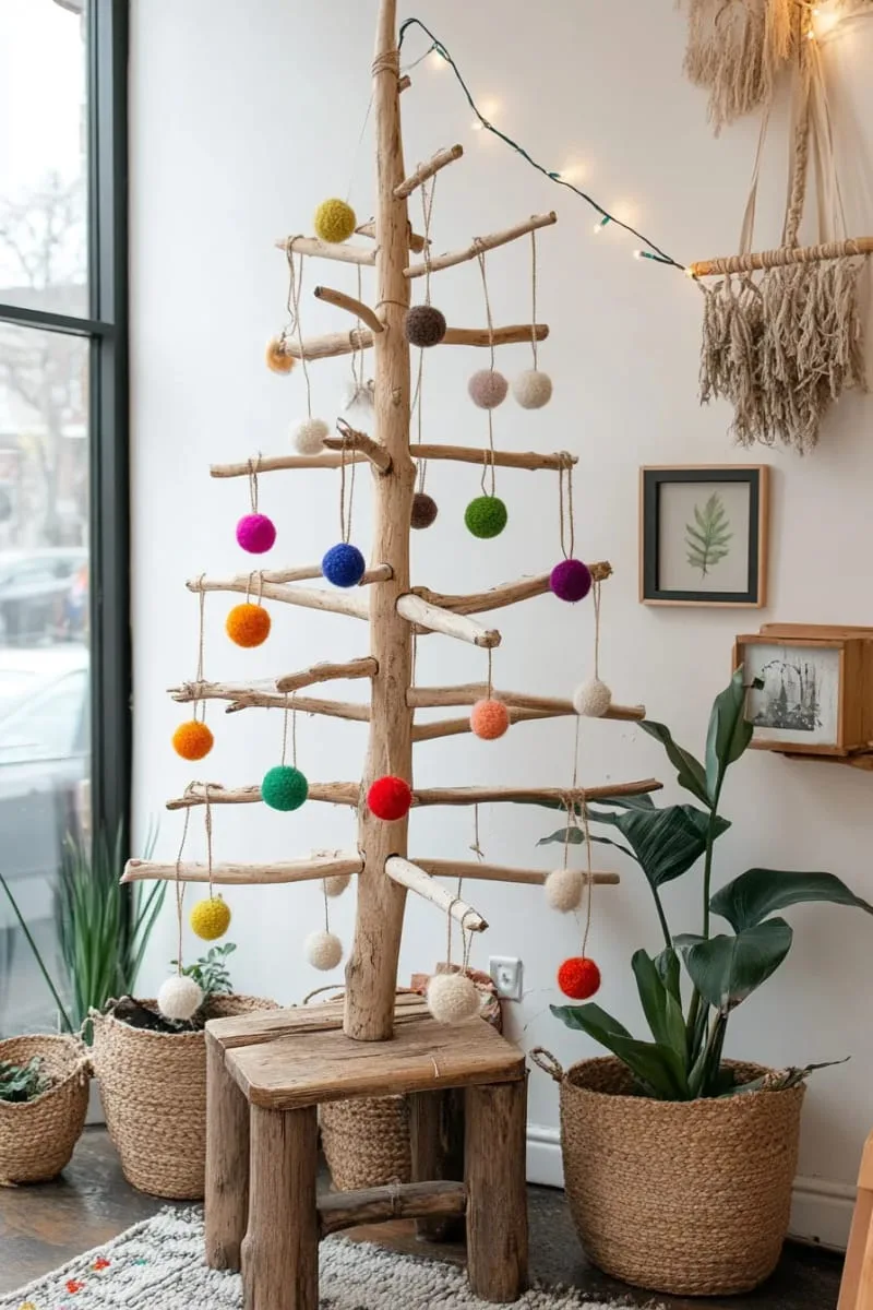 27 Sustainable Christmas Trees For Cheap and Eco-Friendly Decor 43 string together salvaged branches and wool pom-poms for a small christmas tree. 1