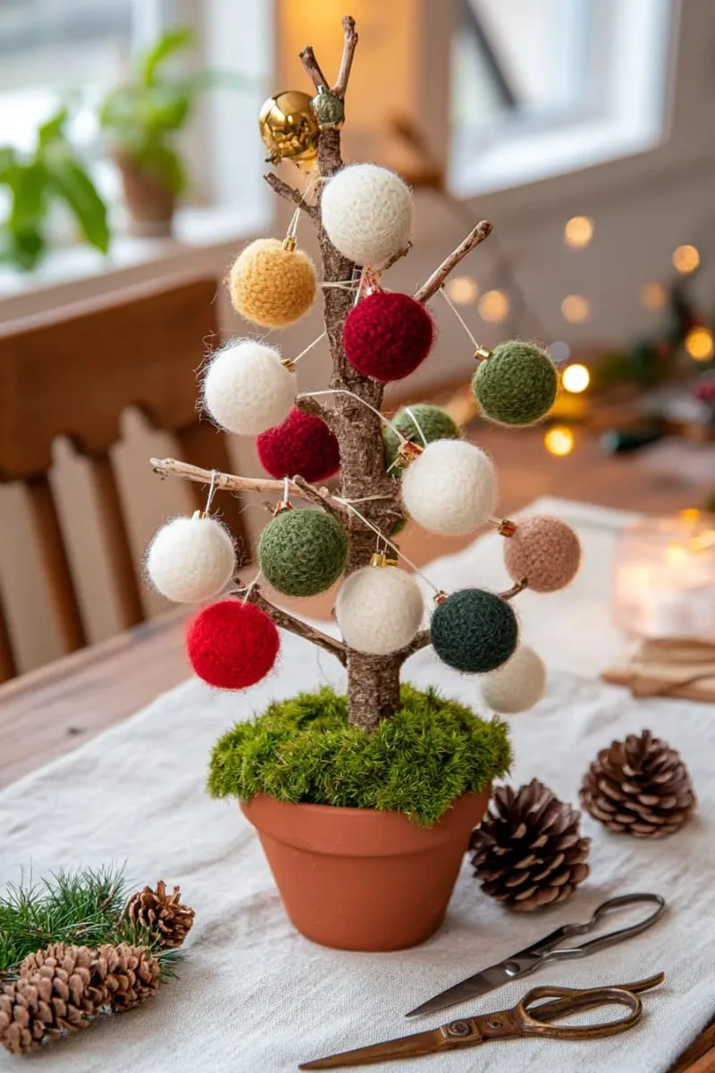 27 Sustainable Christmas Trees For Cheap and Eco-Friendly Decor 44 string together salvaged branches and wool pom-poms for a small christmas tree. 1