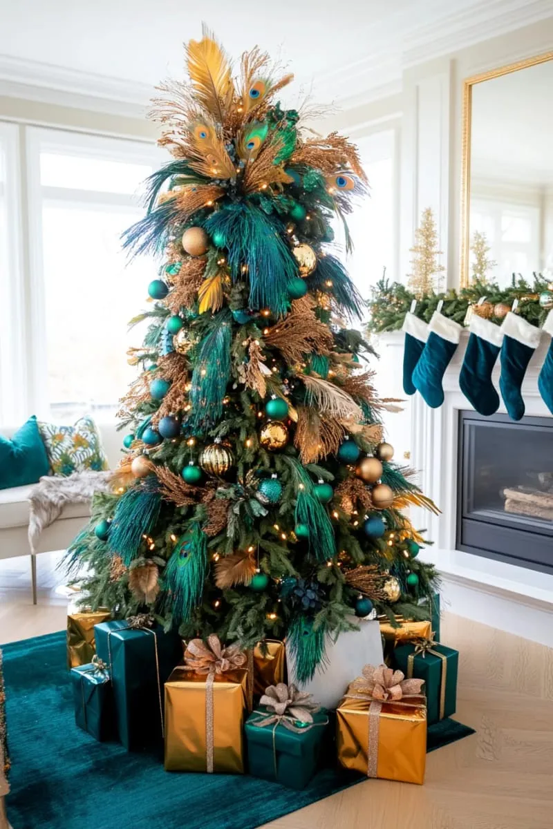 stunning oversized tree adorned with peacock feathers and emerald gemstones 1 stunning oversized tree adorned with peacock feathers and emerald gemstones 1