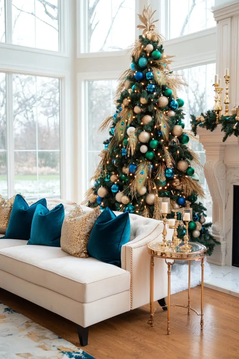 stunning oversized tree adorned with peacock feathers and emerald gemstones 1 stunning oversized tree adorned with peacock feathers and emerald gemstones 1