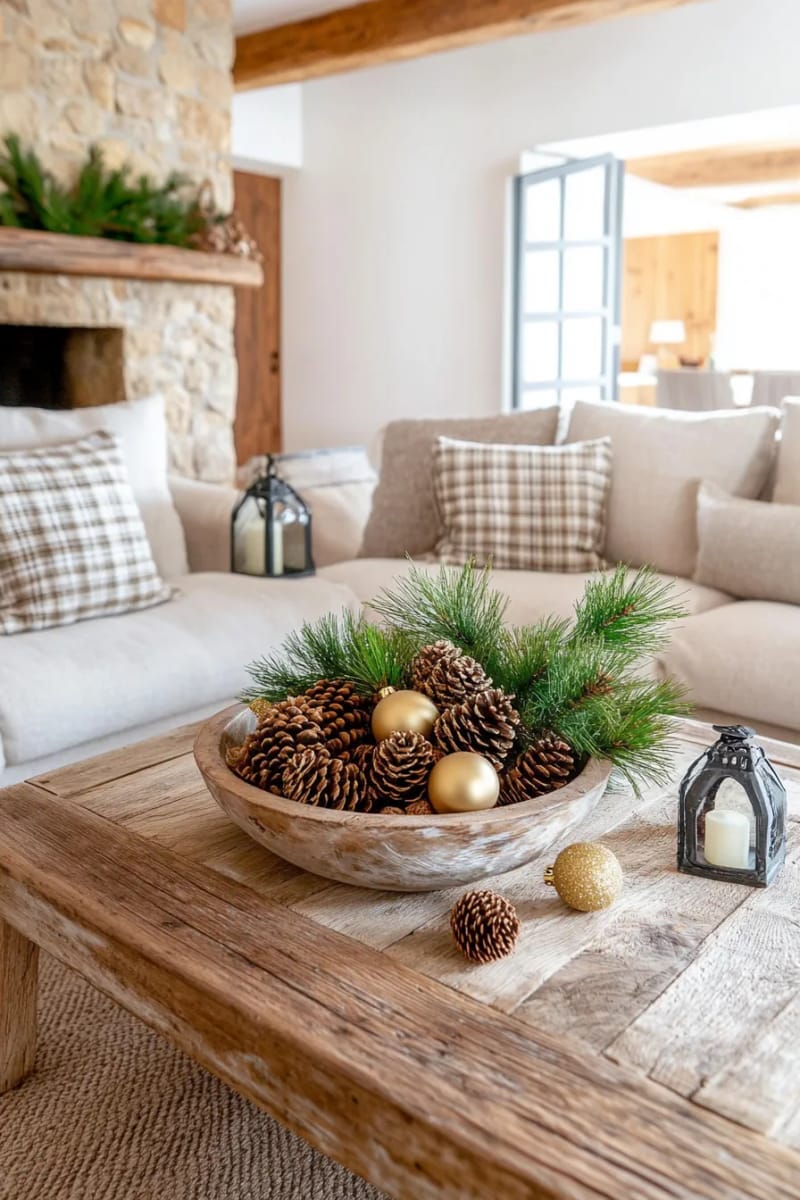 style a rustic wooden coffee table with a bowl of pinecones and gold ornaments 1