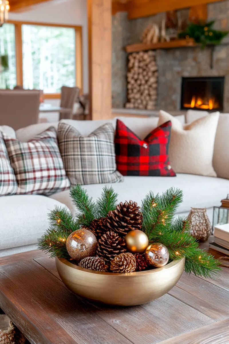 style a rustic wooden coffee table with a bowl of pinecones and gold ornaments 1