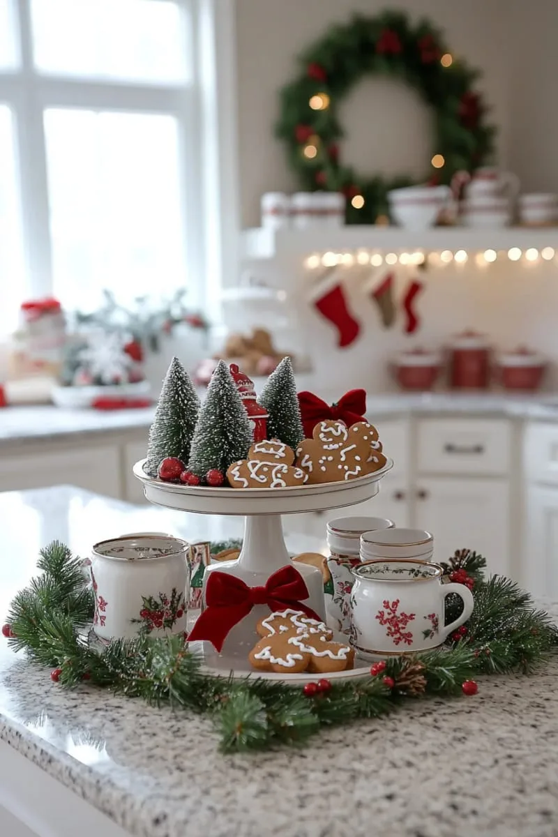 style a tiered tray with mini trees, gingerbread ornaments, and fairy lights. 1