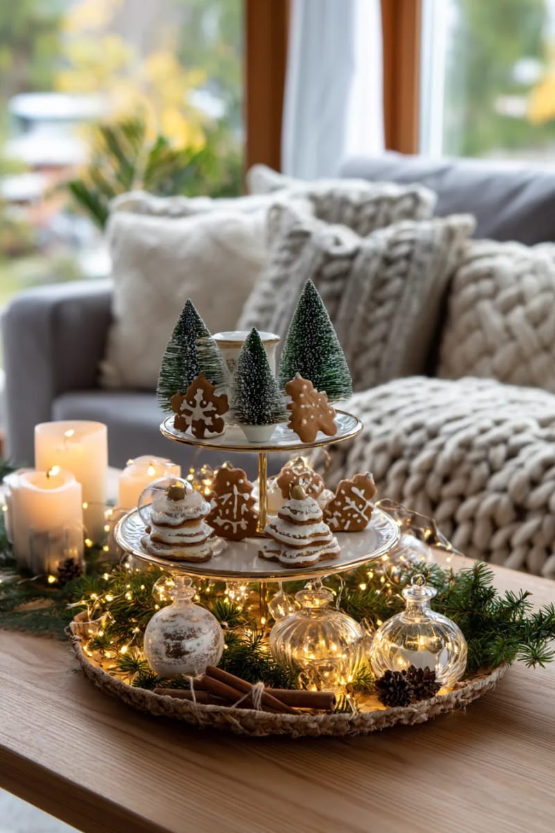 style a tiered tray with mini trees, gingerbread ornaments, and fairy lights. 1