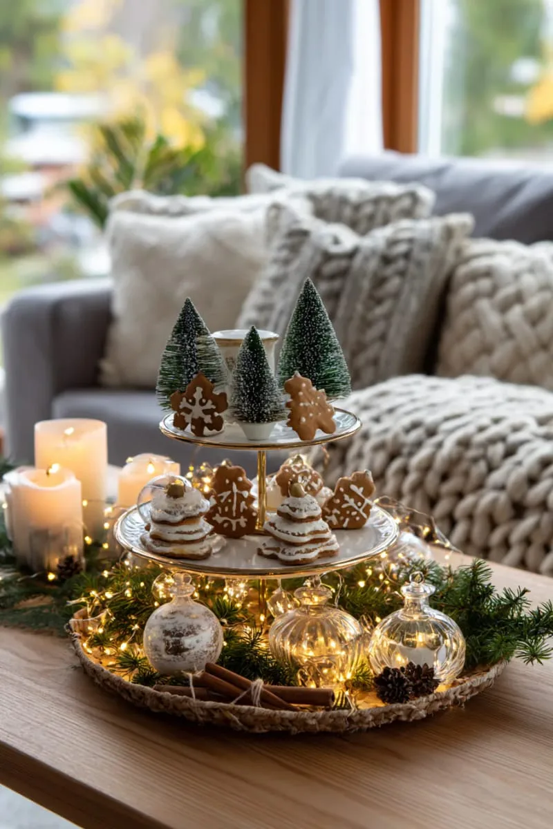 style a tiered tray with mini trees, gingerbread ornaments, and fairy lights. 1
