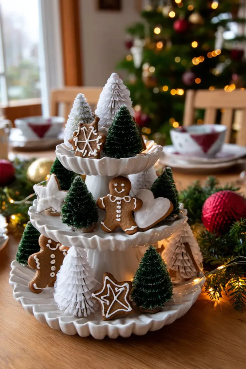 style a tiered tray with mini trees, gingerbread ornaments, and fairy lights. 1