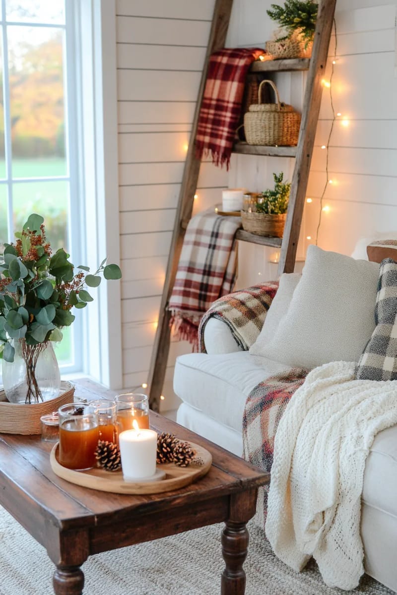 style a wooden ladder with plaid blankets and twinkle lights in the corner 1