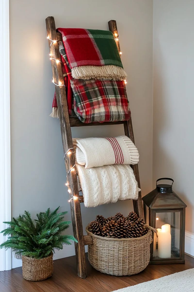 style a wooden ladder with plaid blankets and twinkle lights in the corner 1