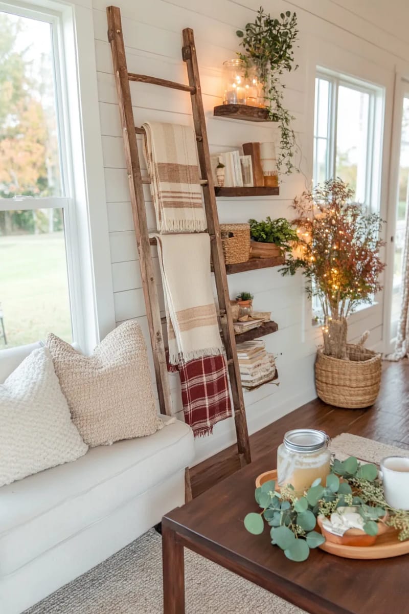 style a wooden ladder with plaid blankets and twinkle lights in the corner 1
