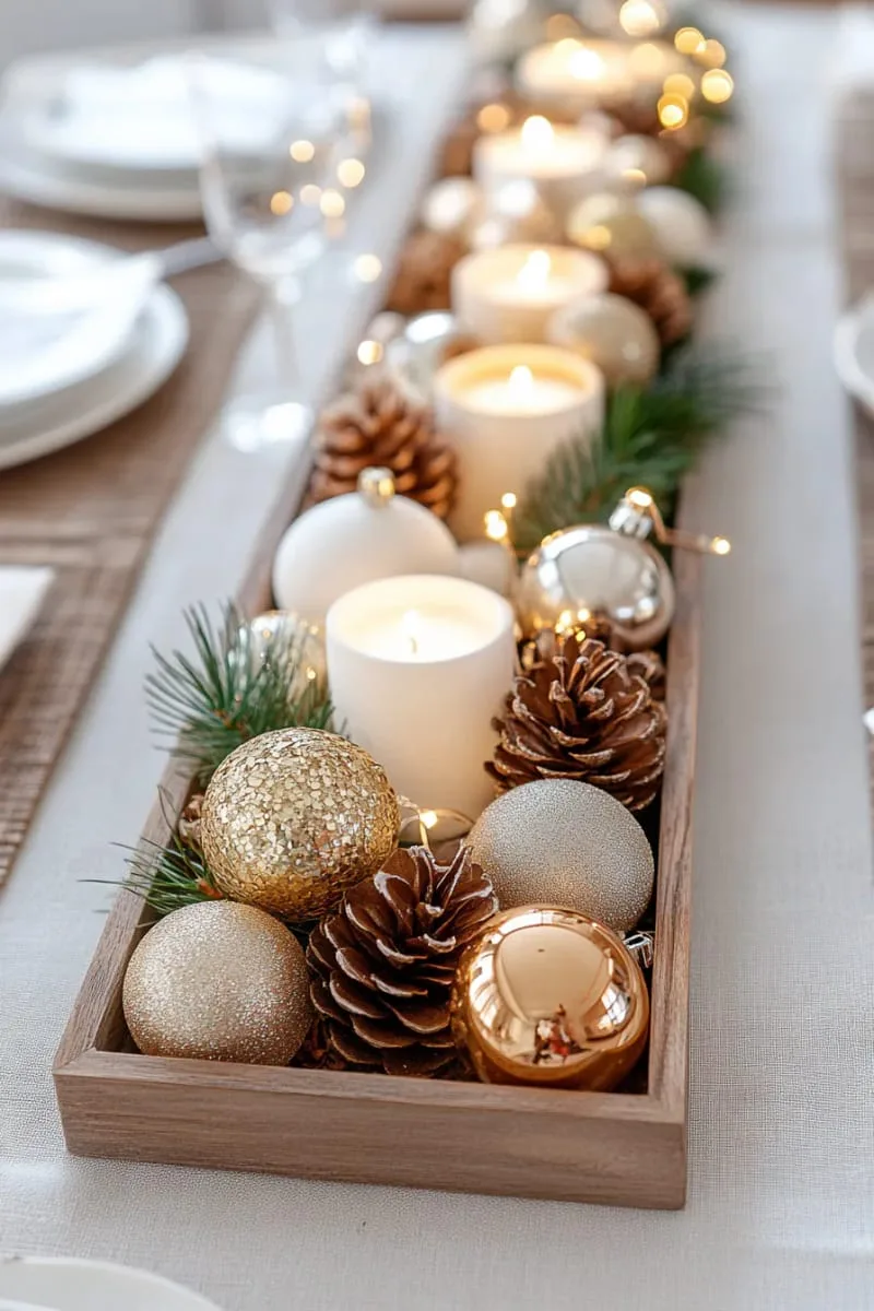 subtle gold and ivory baubles paired with wooden ornaments 1