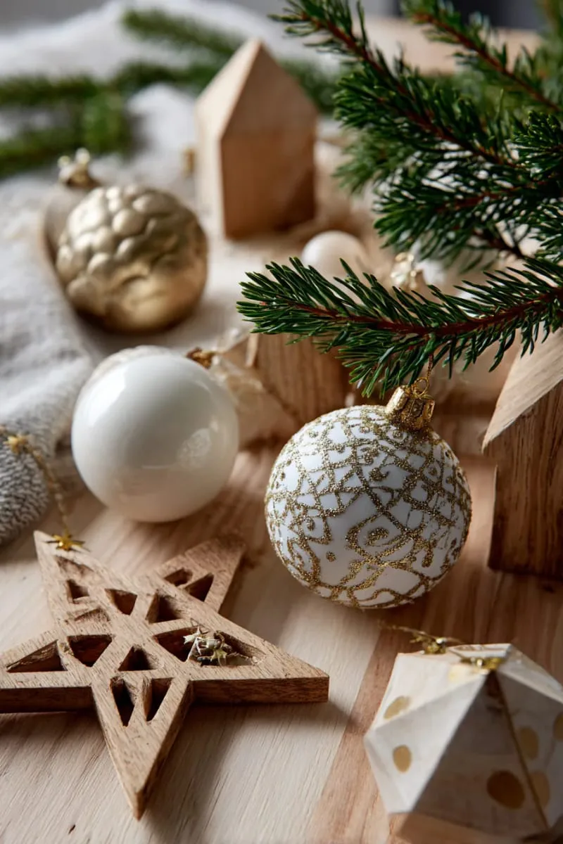 subtle gold and ivory baubles paired with wooden ornaments 1