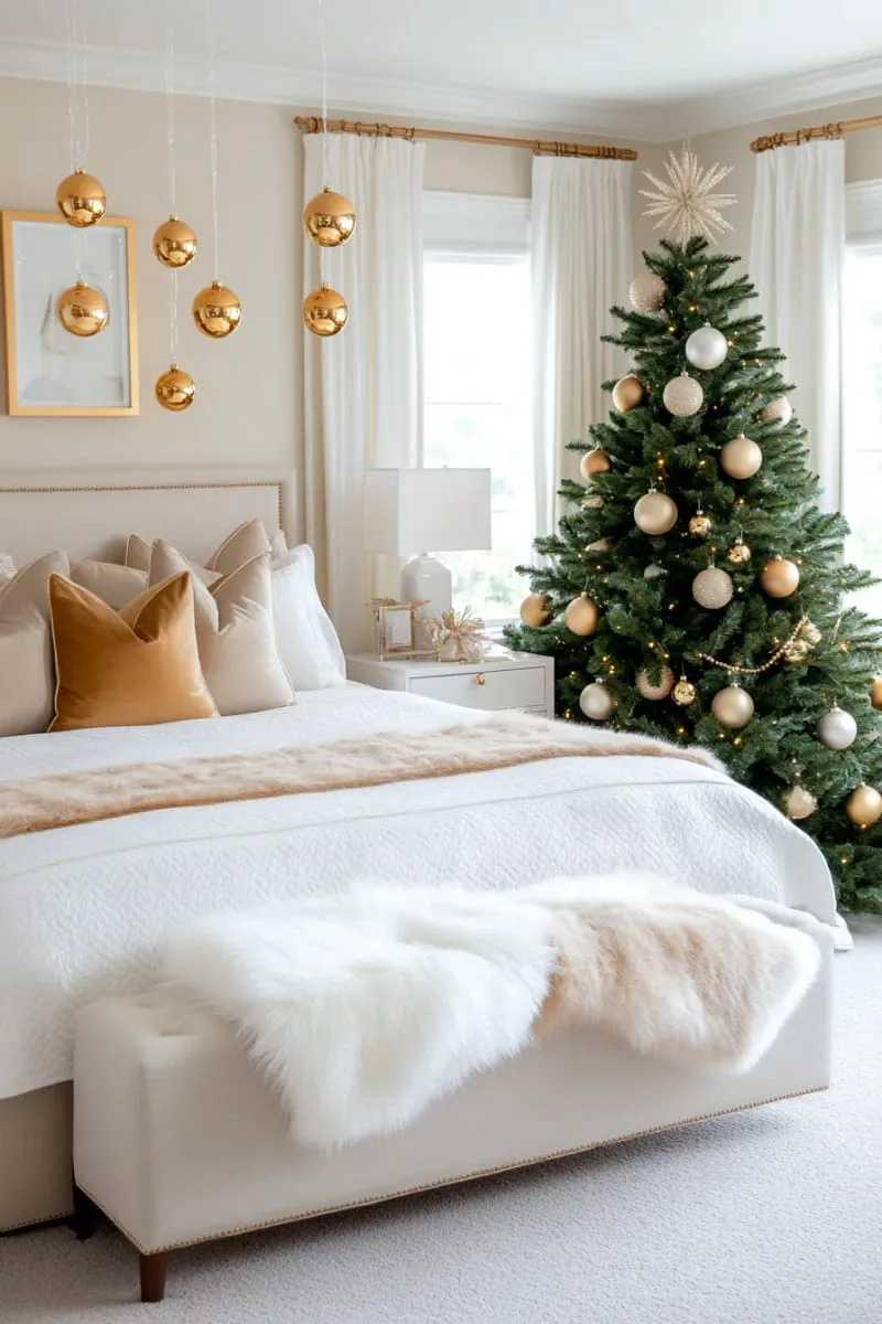 subtle gold ornaments dangling from ceiling hooks over the bed 1