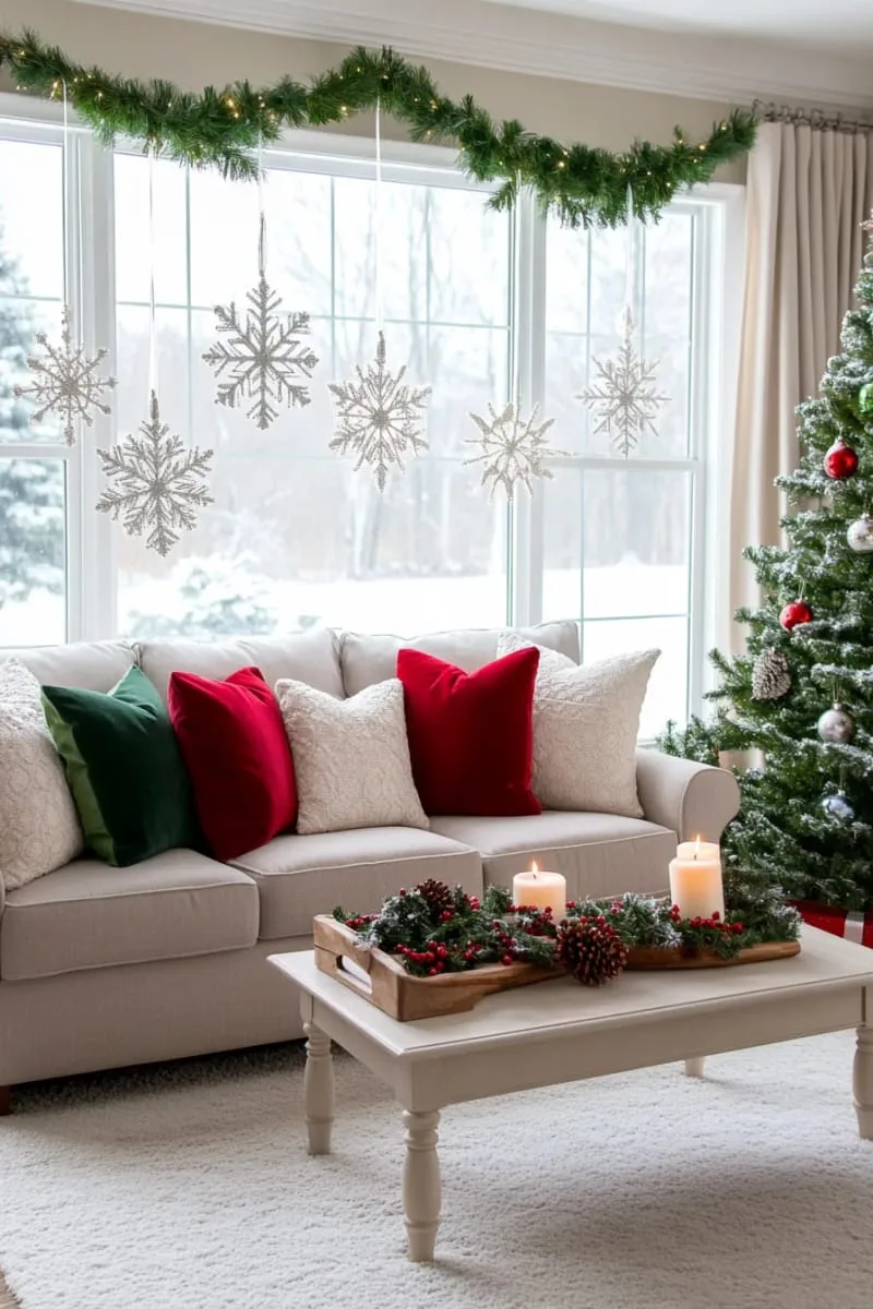 suspend delicate snowflake ornaments in windows with invisible thread. 1