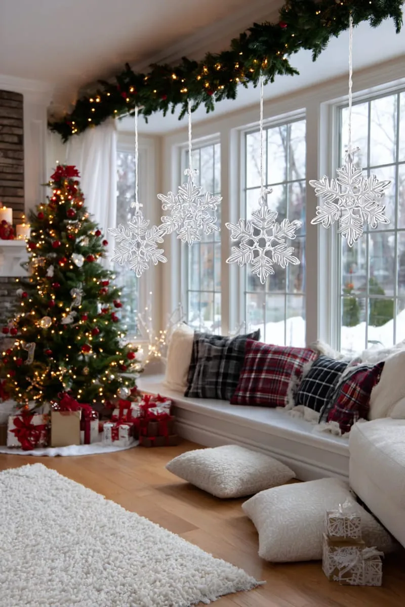 suspend delicate snowflake ornaments in windows with invisible thread. 1