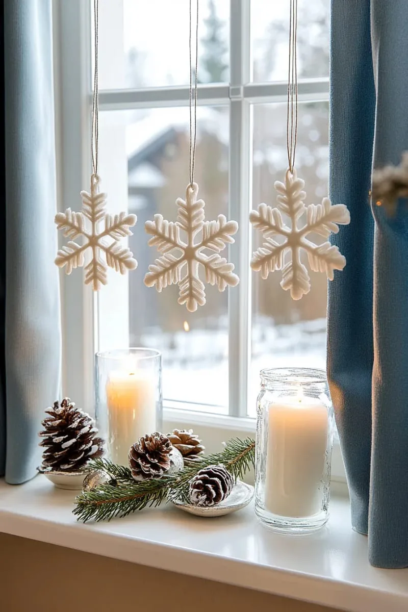 suspend delicate snowflake ornaments in windows with invisible thread. 1