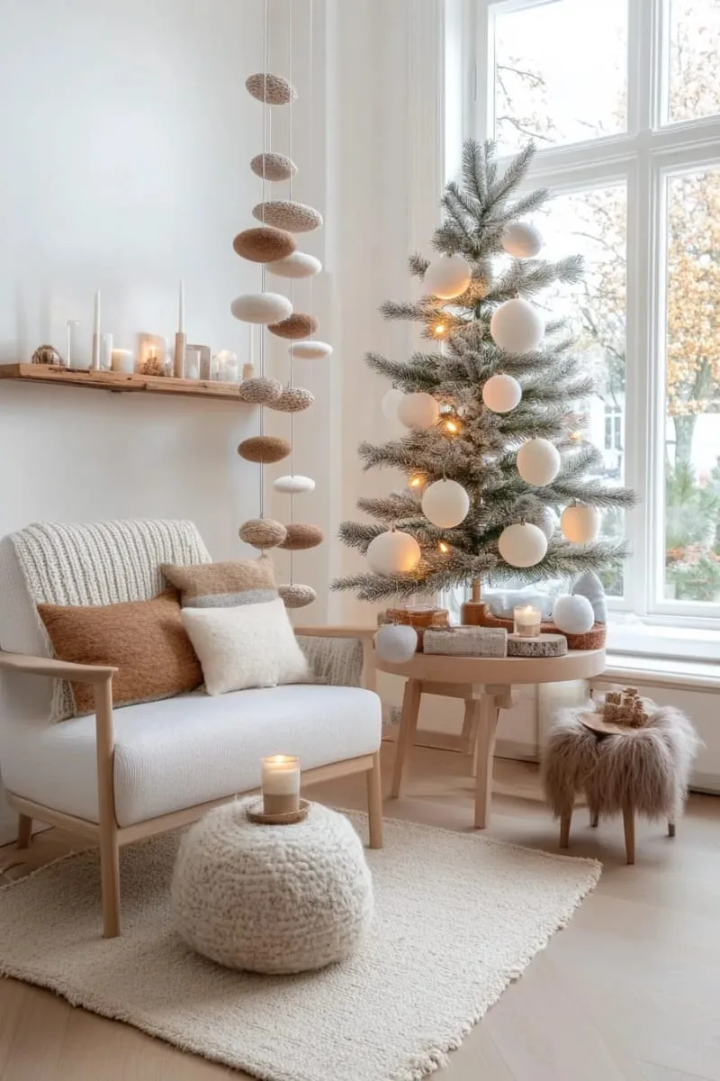 27 Sustainable Christmas Trees For Cheap and Eco-Friendly Decor 25 suspend wooden hoops and felt shapes vertically for a modern scandinavian tree. 1