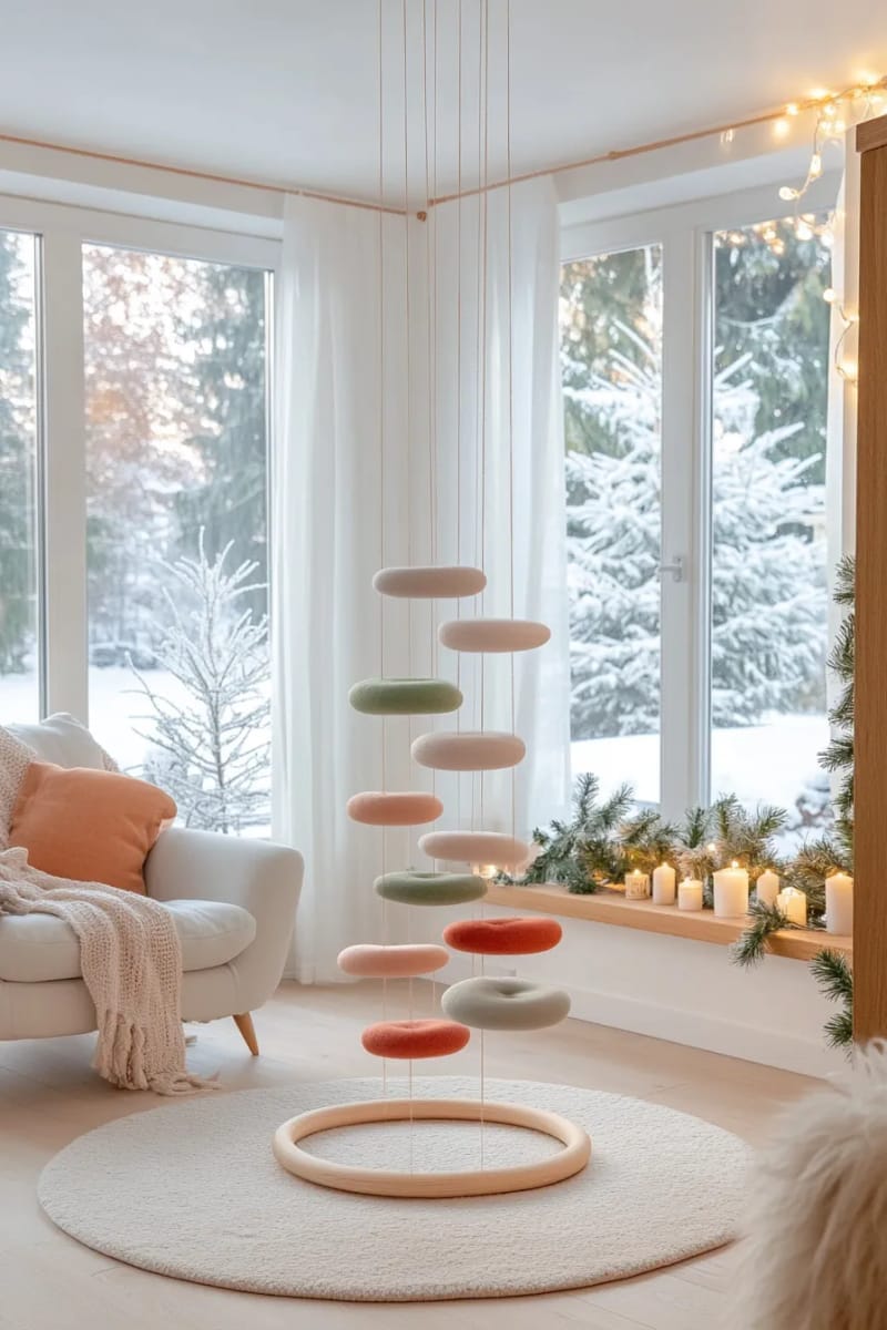 suspend wooden hoops and felt shapes vertically for a modern scandinavian tree. 1