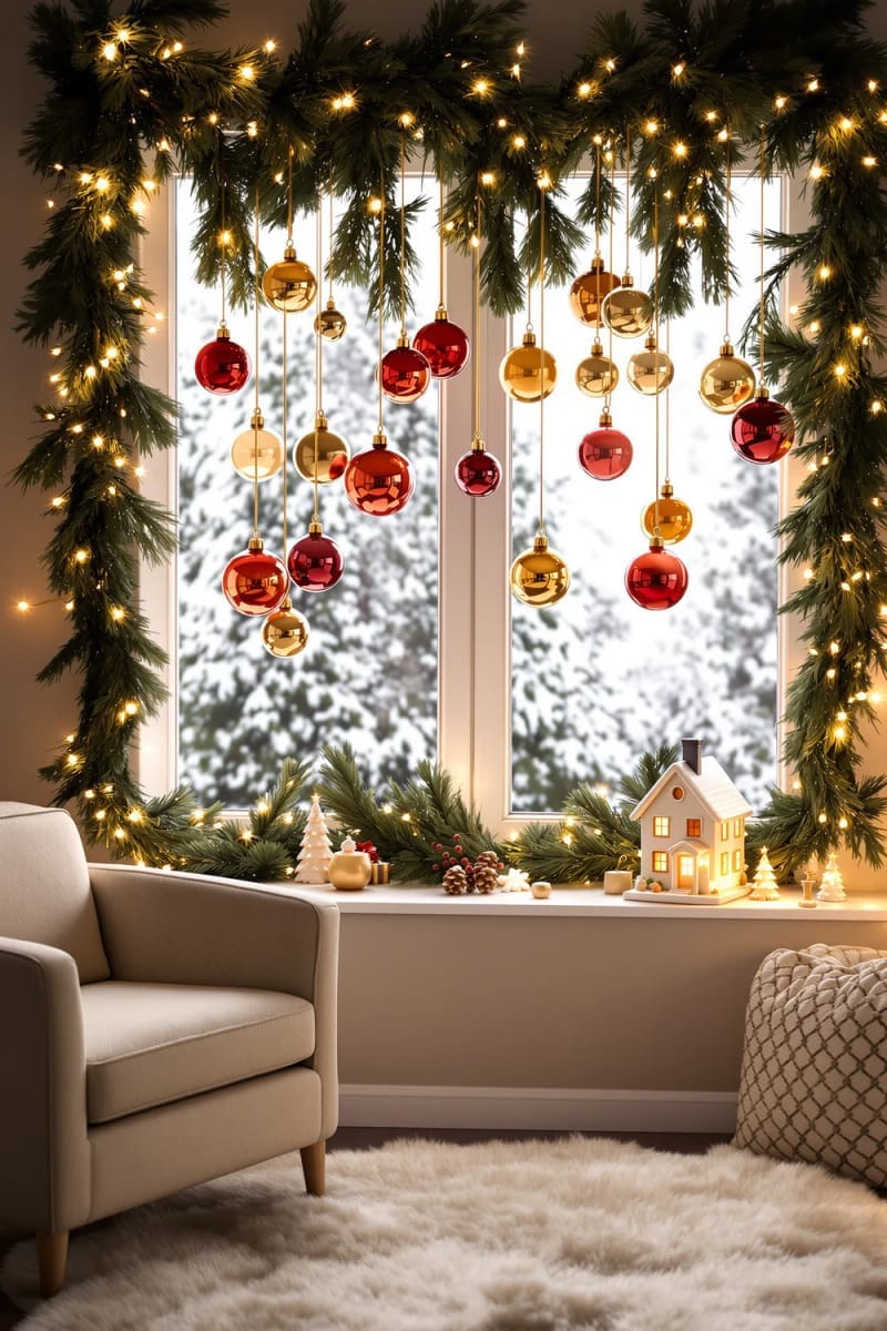 25 Best Christmas Window Decor Ideas to Try This Year 17 suspended baubles in a gradient of red and gold, varying lengths for dimension. 1