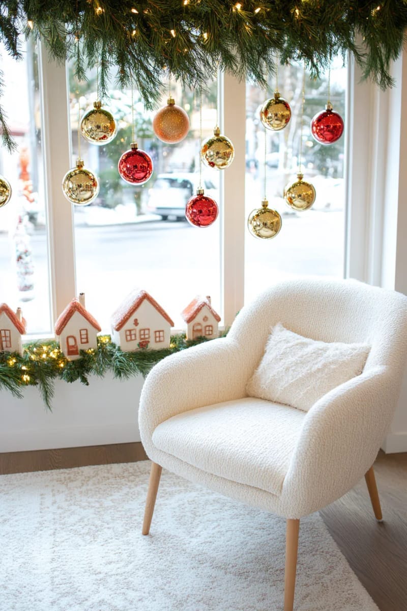 25 Best Christmas Window Decor Ideas to Try This Year 18 suspended baubles in a gradient of red and gold, varying lengths for dimension. 1