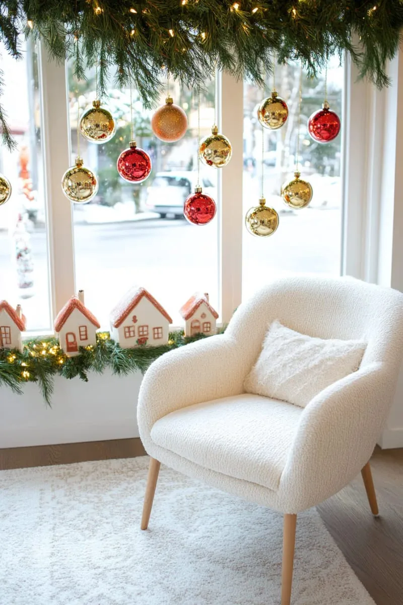 25 Best Christmas Window Decor Ideas to Try This Year 28 suspended baubles in a gradient of red and gold, varying lengths for dimension. 1