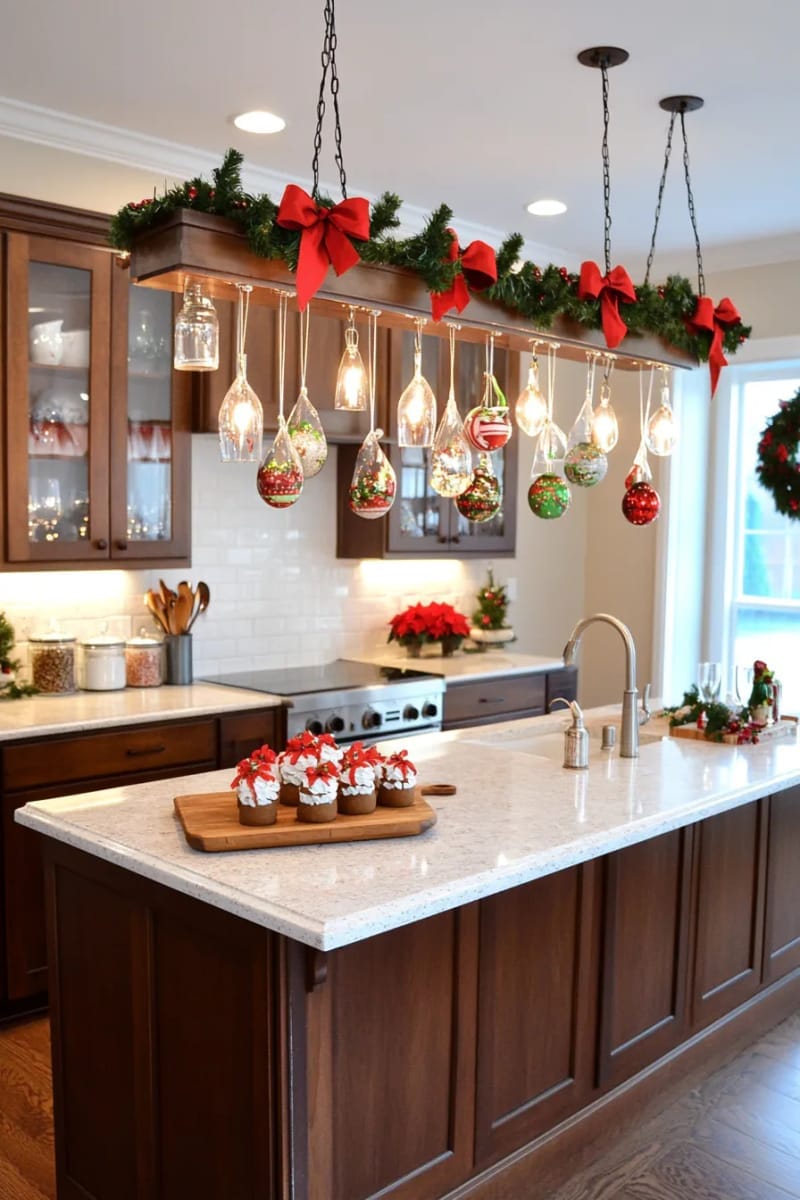 suspended upside-down wine glasses filled with ornaments and candles 1