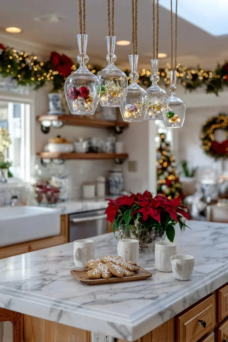 suspended upside-down wine glasses filled with ornaments and candles 1