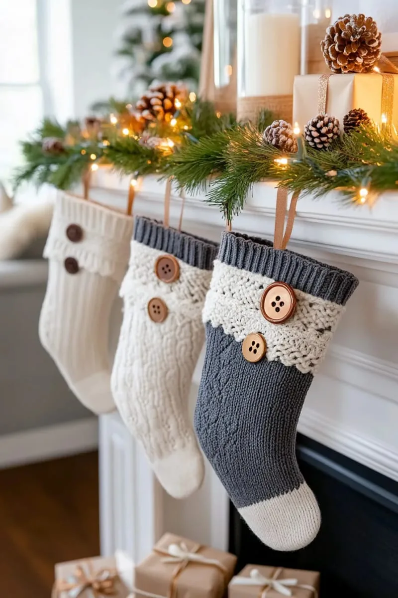 25 Upcycled Christmas Crafts DIY: Unique & Budget Friendly Decor Ideas 121 sweater-sleeve christmas stockings with lace and button embellishments 1