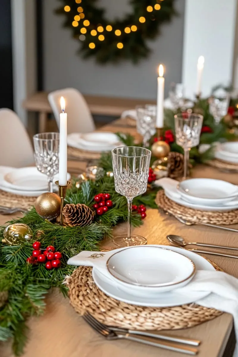 29 Elegant Christmas Party Decor Ideas to Copy This Year 26 table runner made from fresh greenery and clusters of red berries 1