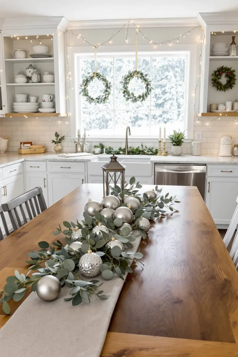 29 Simple Christmas Decor Ideas for a Beautiful Holiday Season 47 table runner made of fresh eucalyptus and silver baubles 1