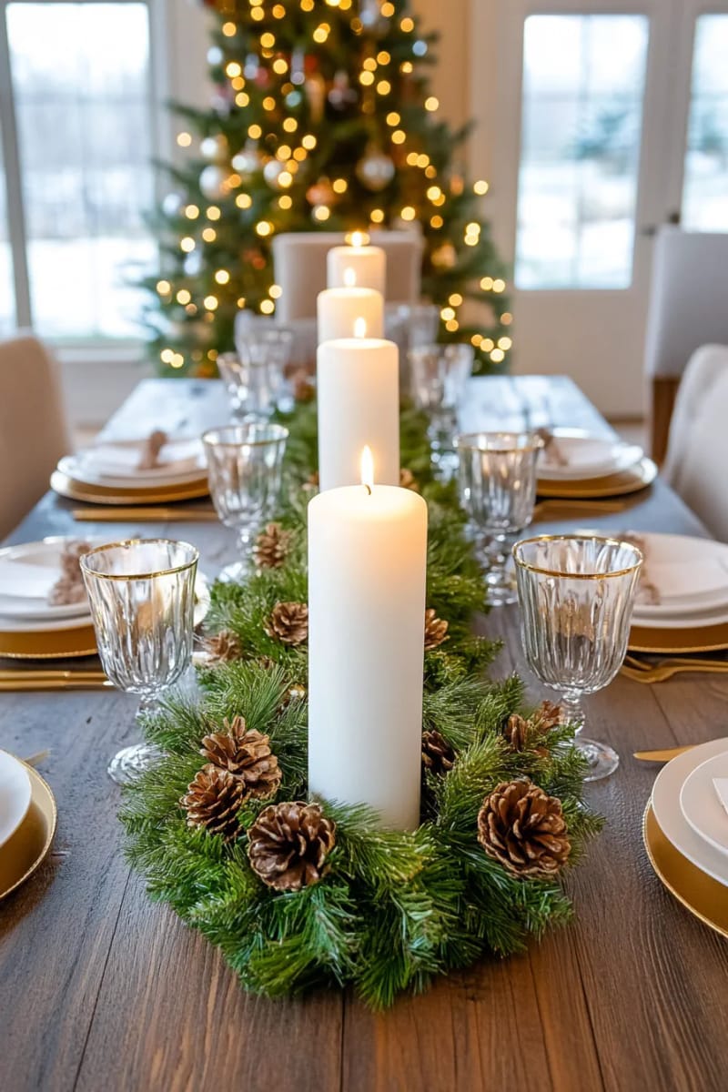 table wreath with moss, pinecones, and white pillar candles 1