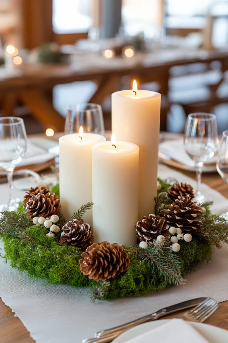 table wreath with moss, pinecones, and white pillar candles 1