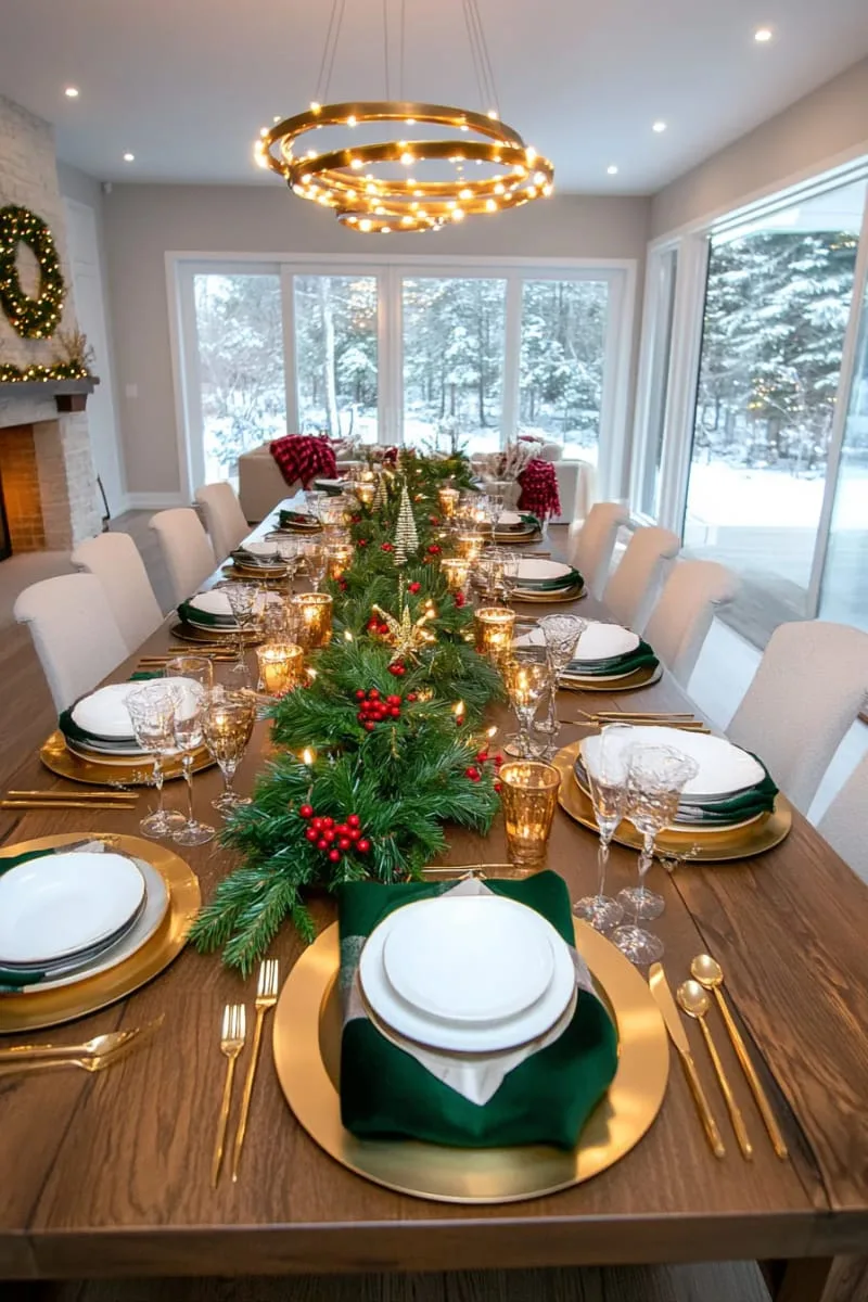 tablescape with gold chargers, pine branches, and twinkling candles 1