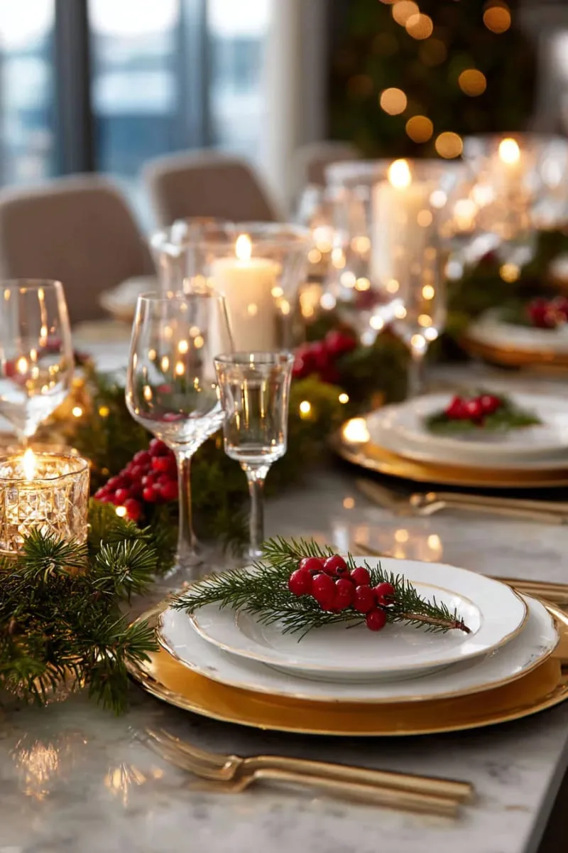 tablescape with gold chargers, pine branches, and twinkling candles 1