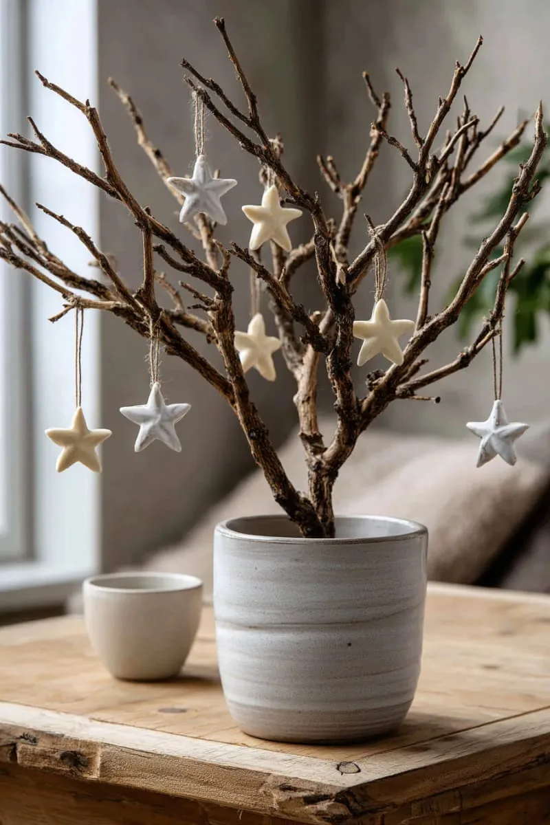 tabletop bare branch tree with clay star ornaments 1