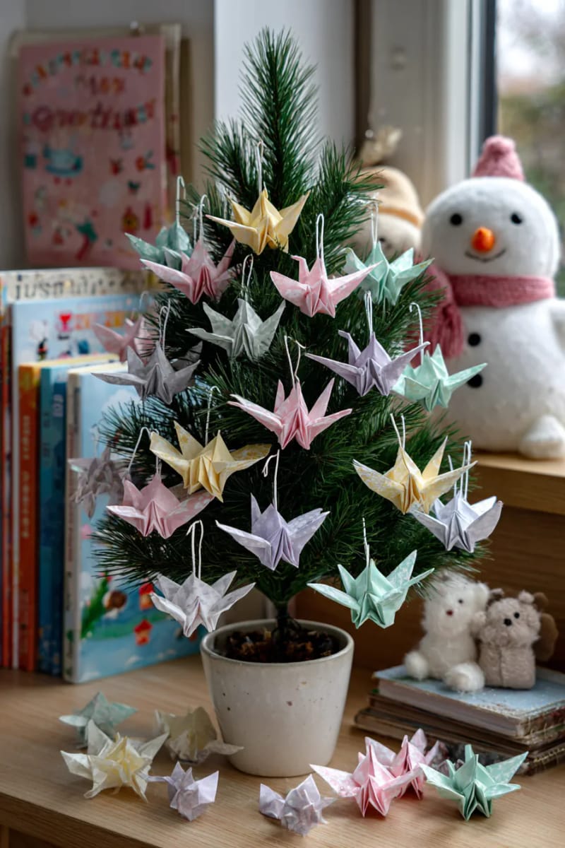 23 Kids Christmas Tree Ideas Full of Color, Whimsy, and Holiday Cheer 22 tabletop tree covered in origami cranes and stars in pastel colors 1