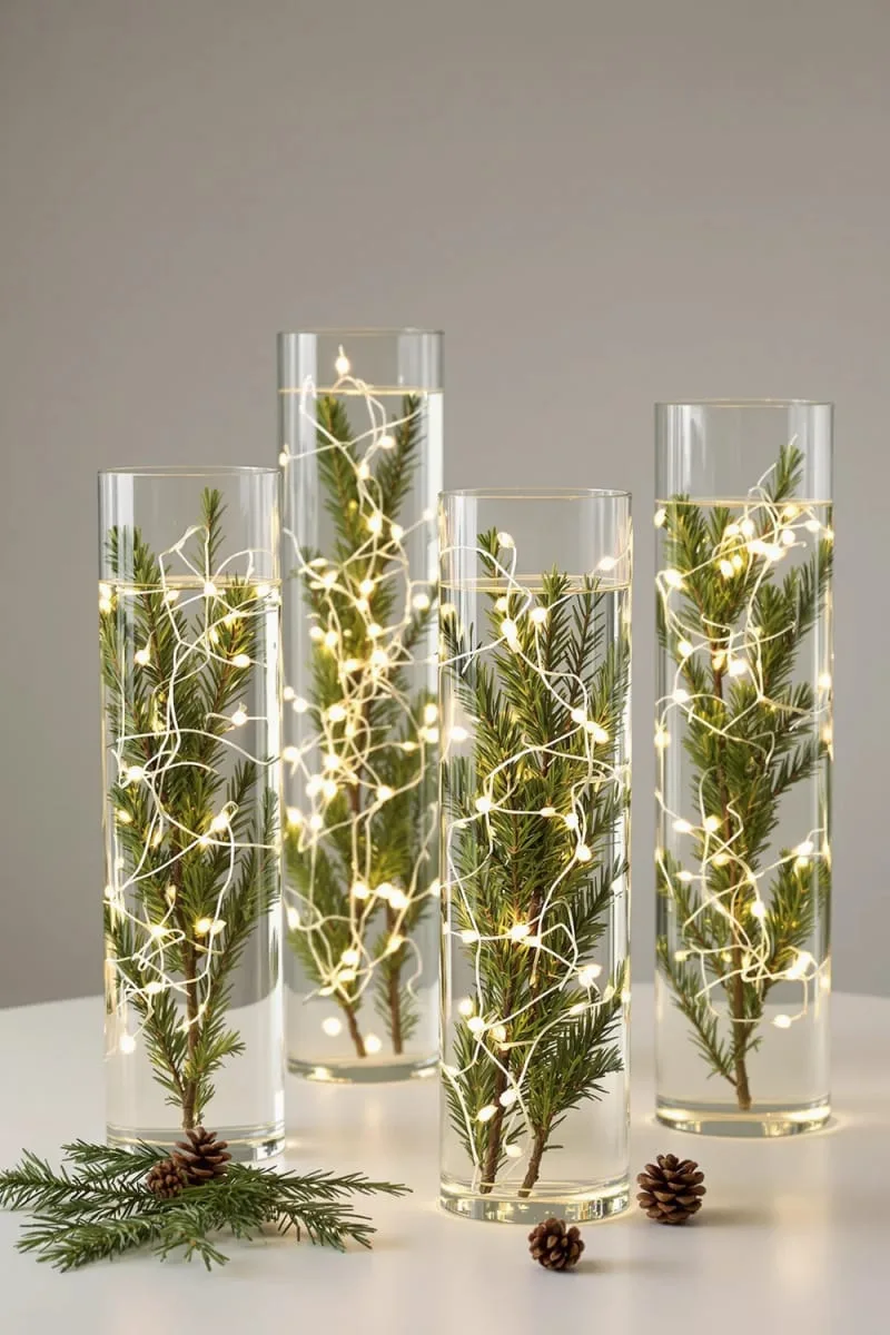 tall cylinder vases with submerged pine branches and battery lights 1